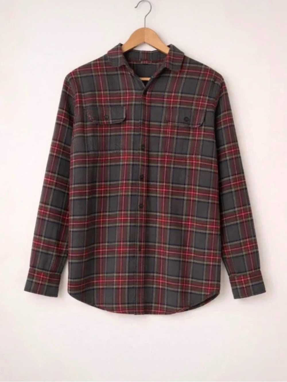 Woolrich Plaid Flannel Shirt Large Gray Red Button Down Cotton